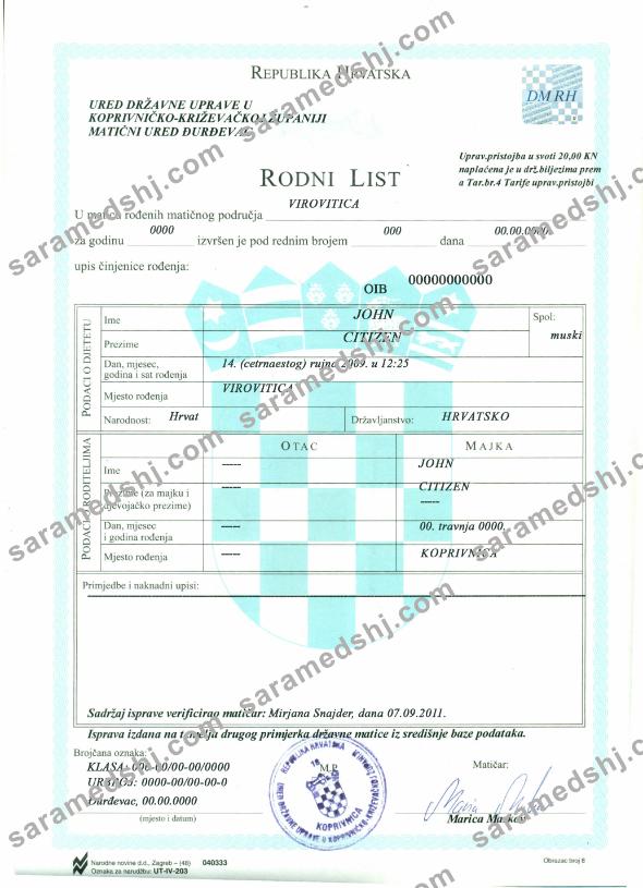 Croatia birth certificate
